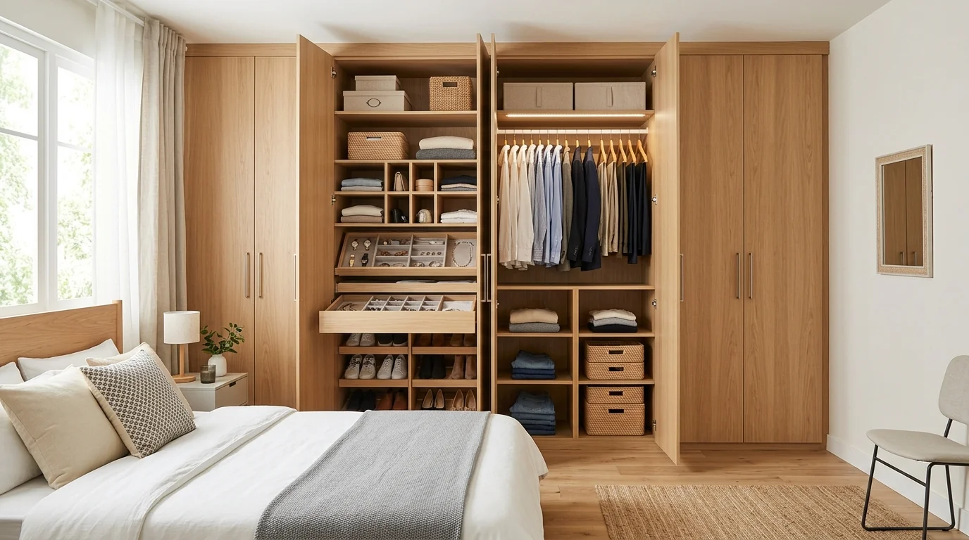 A bedroom with a wardrobe featuring built in organizers for clothes and accessories bright lighting tidy streamlined look no people