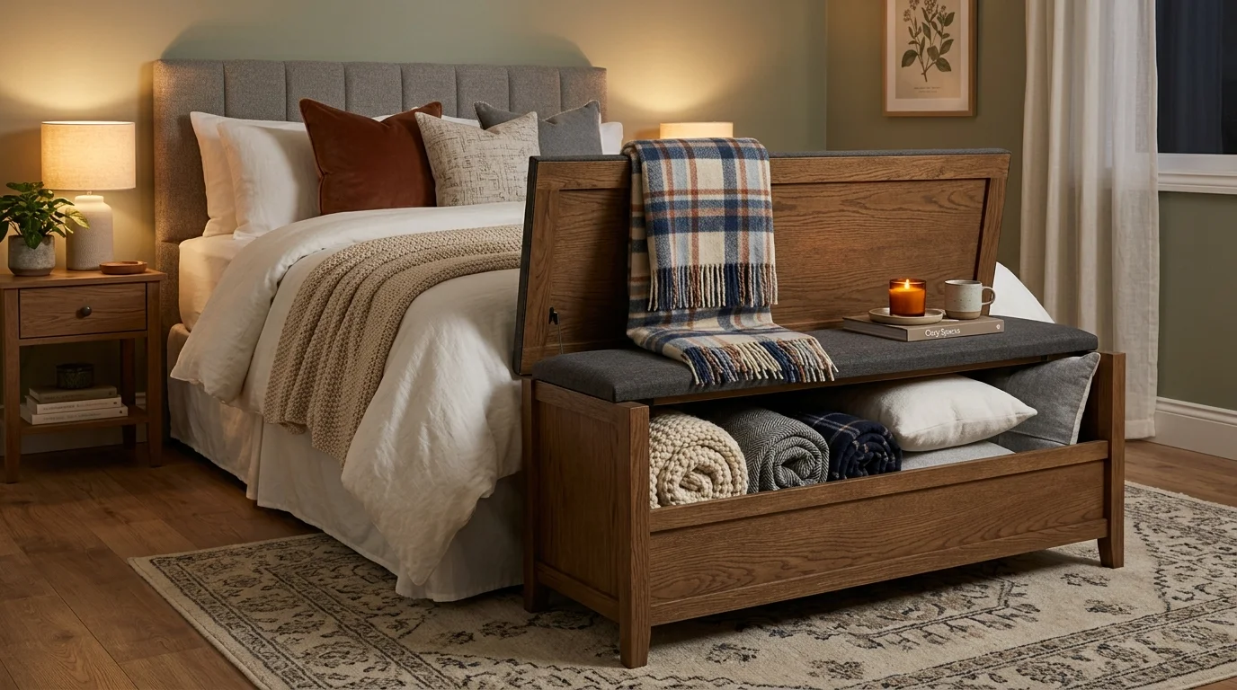 A space with a storage bench at the foot of the bed holding blankets and pillows warm soft lighting functional stylish design no people