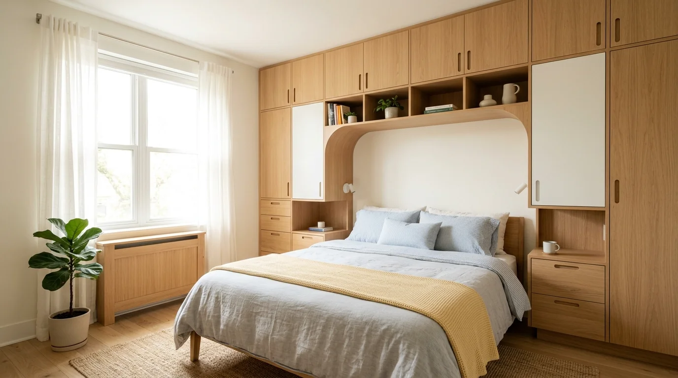 A room with over the bed cabinets maximizing wall space bright natural daylight smart compact storage no people