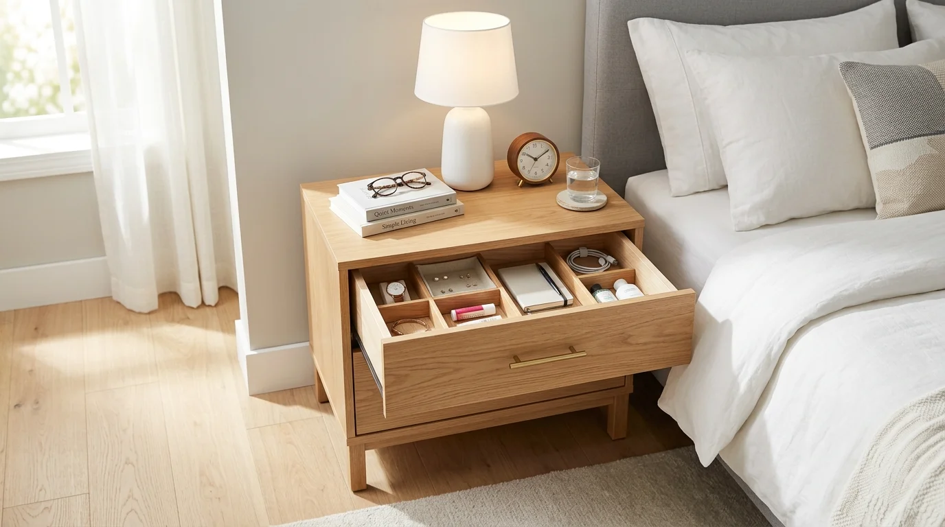 A bedside table with drawers neatly organizing small items bright lighting clean clutter free setup no people