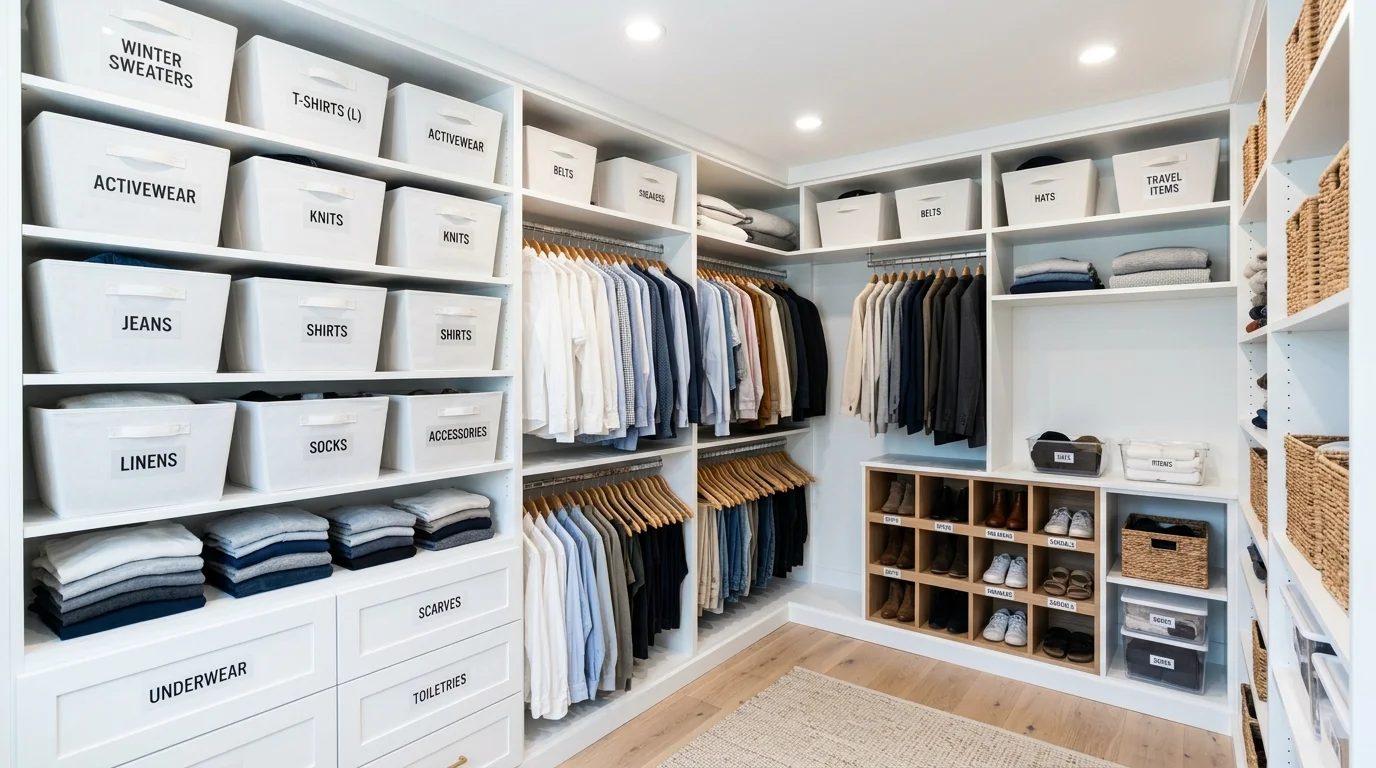 A closet with labeled bins and shelves arranged efficiently bright lighting organized storage system no people