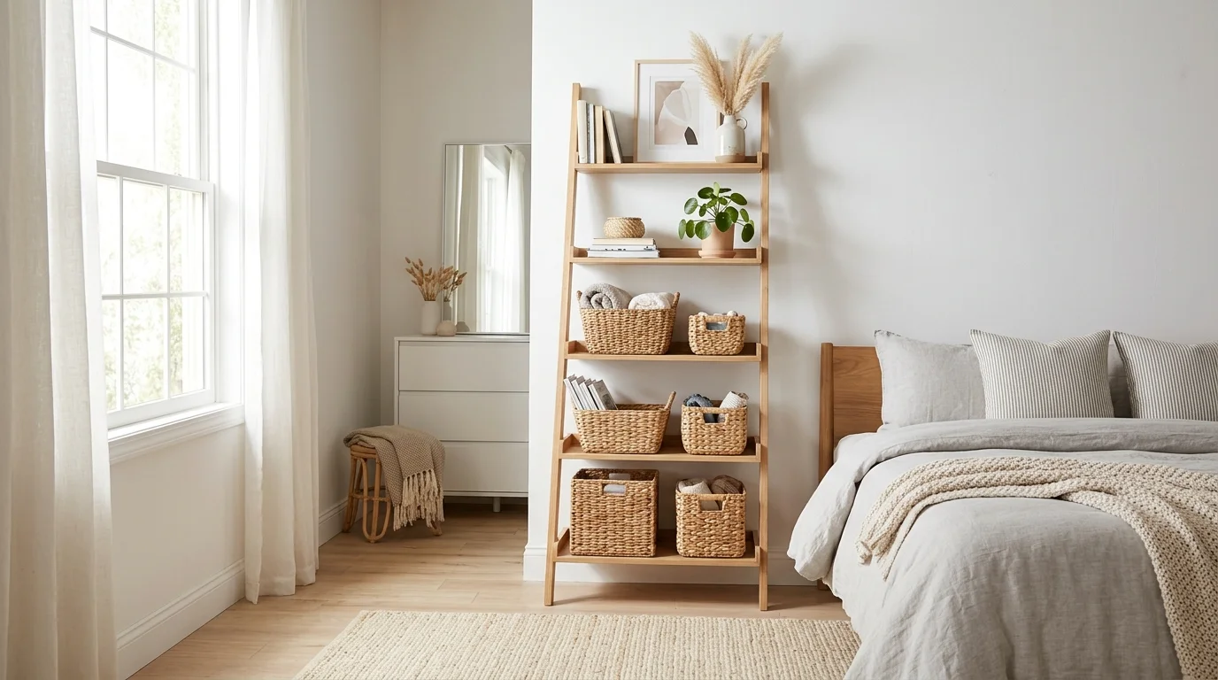A bedroom with a ladder shelf holding baskets and decor bright natural light stylish vertical organization no people