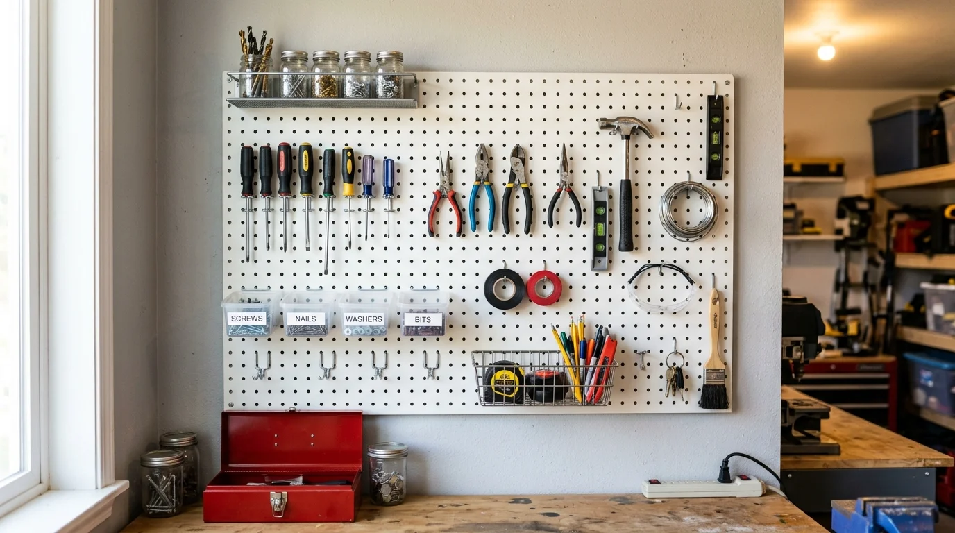 A wall mounted pegboard holding accessories and small items bright lighting practical flexible storage solution no people