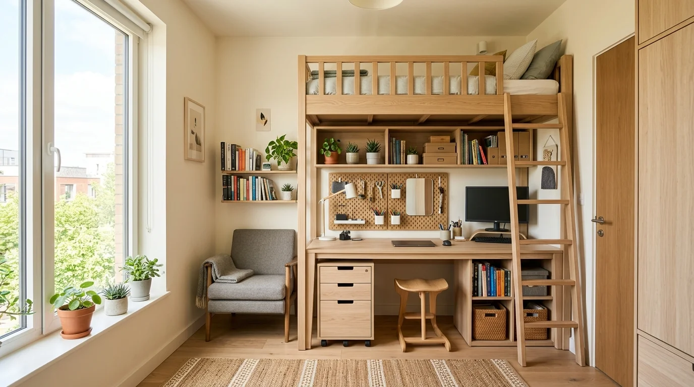 A compact room with multifunctional furniture including a desk with storage bright natural daylight efficient layout no people