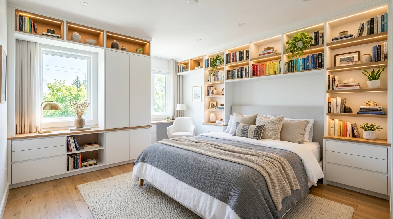A bedroom with built in niches for books and decor bright lighting clean integrated storage no people