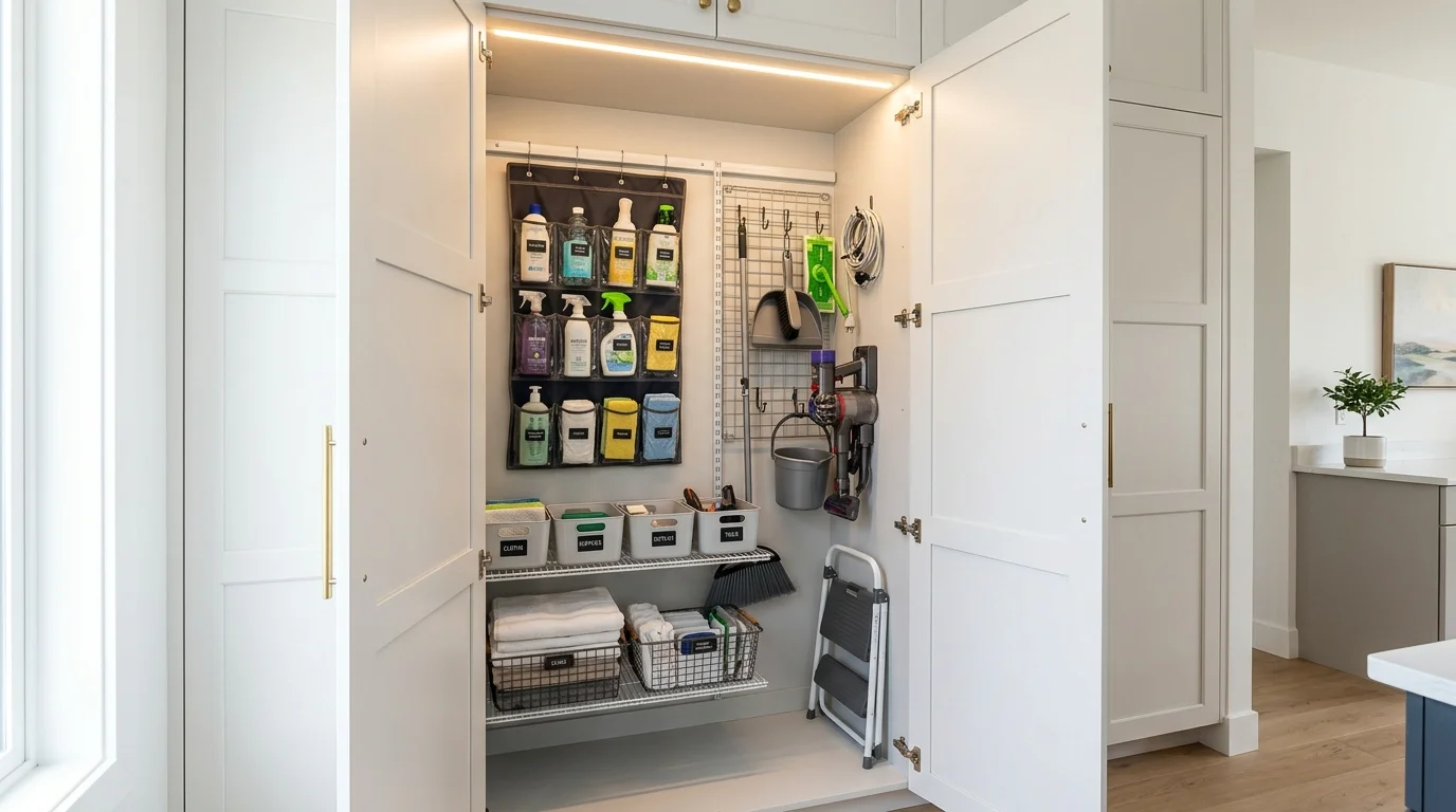 A space with hanging organizers behind doors bright lighting hidden clutter free solution no people