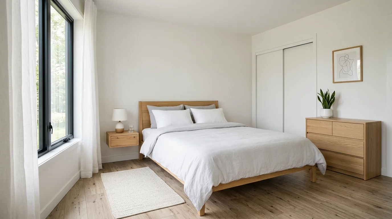 A minimalist bedroom with simple storage and clean surfaces bright natural daylight calm organized environment no people