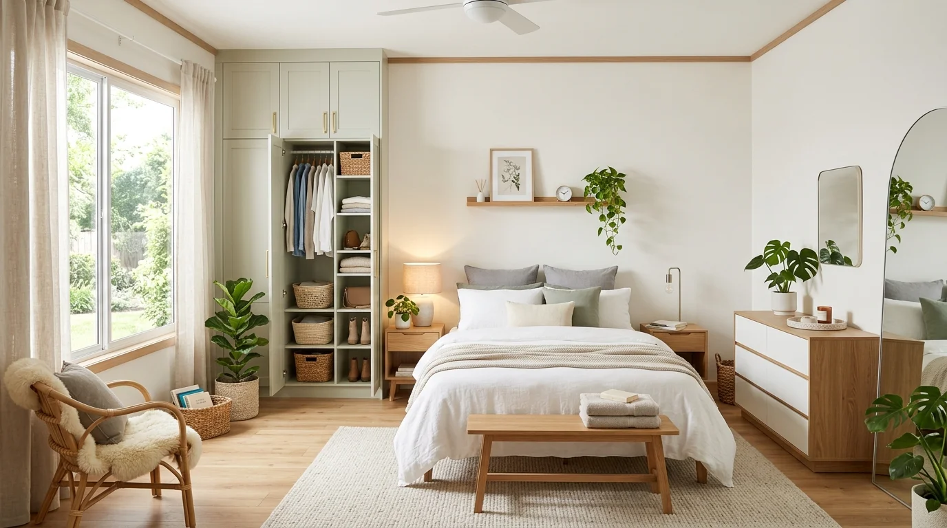 A well organized bedroom with all storage solutions neatly integrated bright lighting harmonious clutter free sanctuary