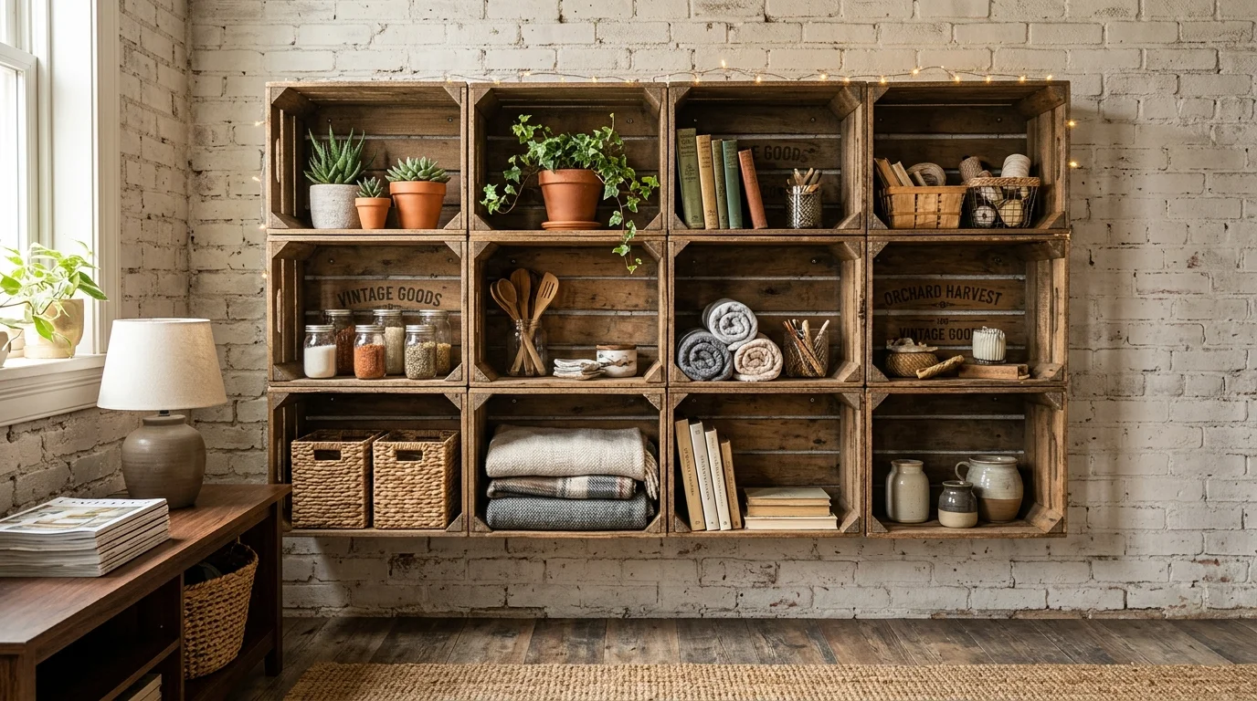 A DIY shelf made from wooden crates stacked and mounted to create open cubbies for storage bright lighting rustic functional design no people