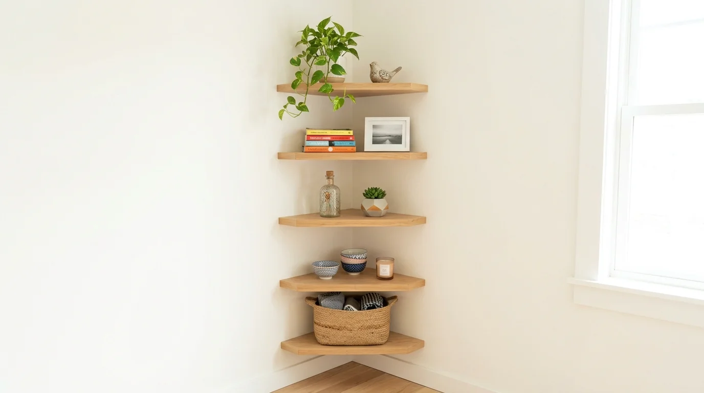 A corner shelf unit maximizing unused wall space with layered decor items bright natural light efficient space saving setup no people