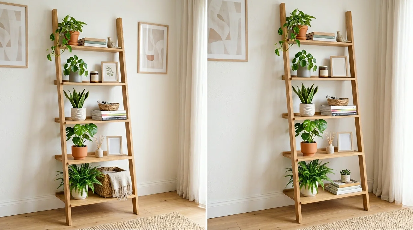 A ladder style wall shelf leaning against a wall with multiple tiers holding decor and plants bright lighting trendy functional storage no people