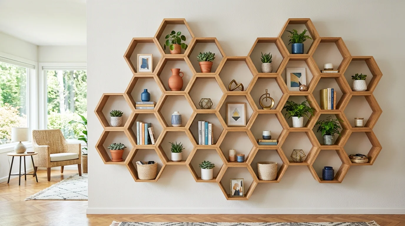 A set of hexagon shaped shelves arranged in a pattern on a wall bright lighting creative geometric storage idea no people