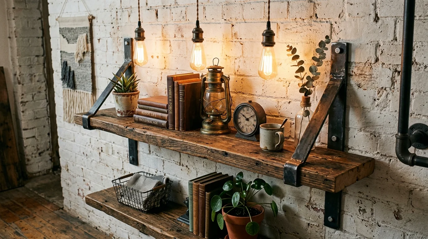 A shelf made from reclaimed wood planks mounted with metal brackets warm lighting rustic industrial style no people
