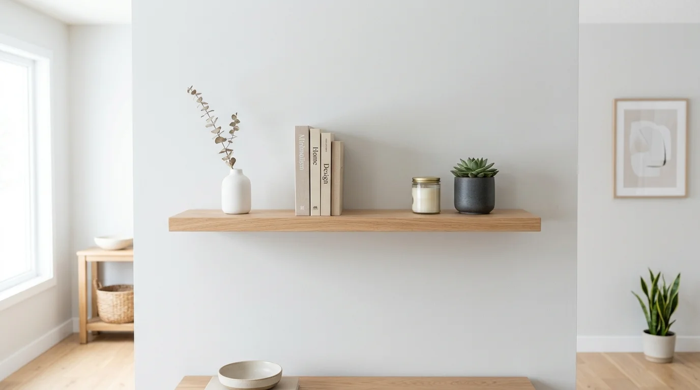 A minimalist shelf with hidden brackets creating a floating illusion holding simple decor bright natural light clean modern look no people