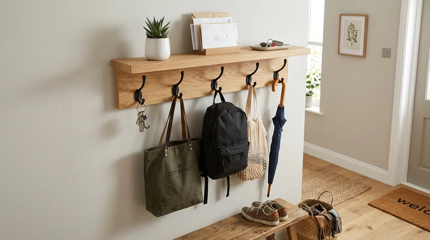 A wall mounted shelf with hooks underneath used for hanging items like keys and bags bright lighting practical entryway storage no people