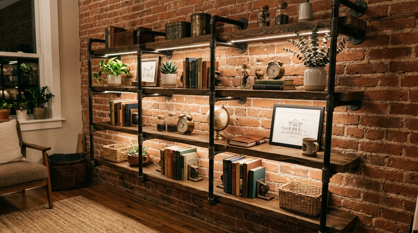 A shelf made from pipes and wood creating an industrial style storage unit soft lighting unique DIY decor no people