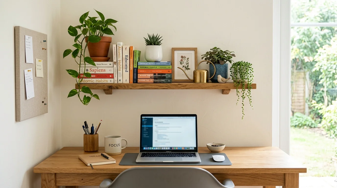 A small shelf above a desk holding books and plants bright natural light functional workspace organization no people