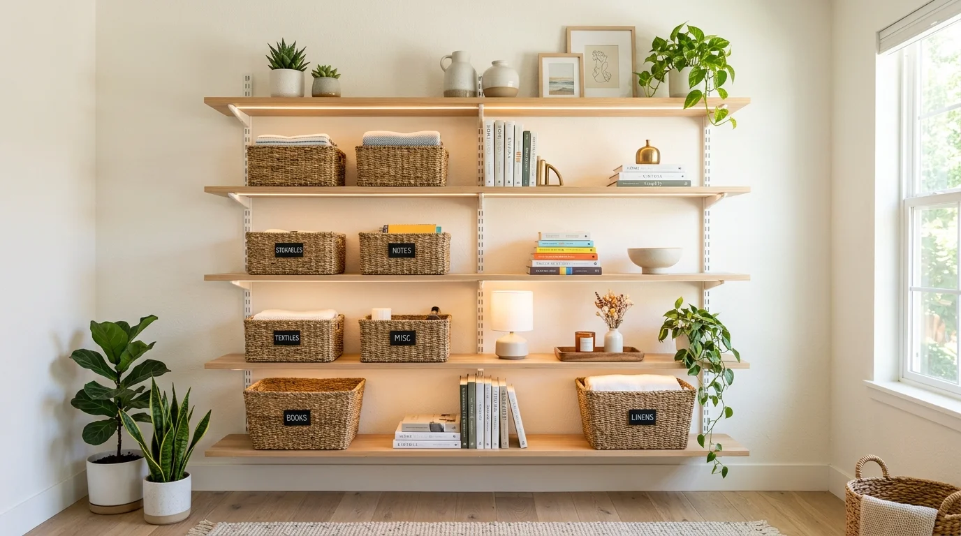 A multi tier wall shelf system with uniform spacing holding baskets and decor bright lighting organized stylish display no people