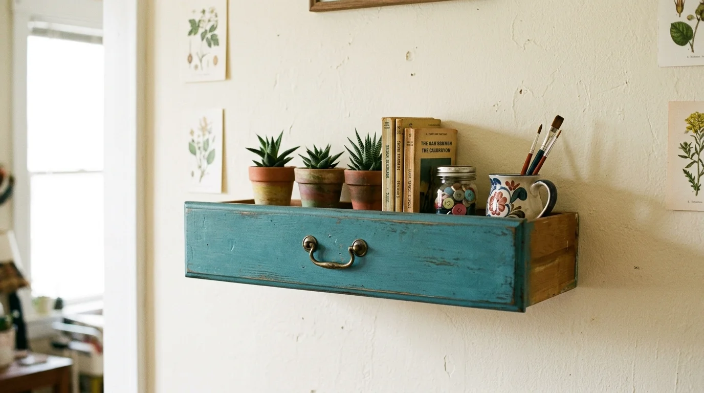 A shelf made from a repurposed drawer mounted on the wall used for storage bright lighting creative upcycled idea no people