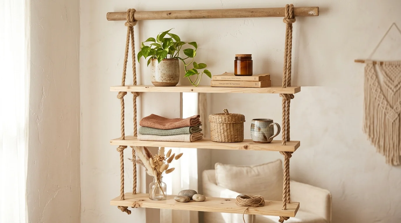 A DIY shelf with rope suspension holding wooden planks and decor items soft lighting casual boho style storage no people
