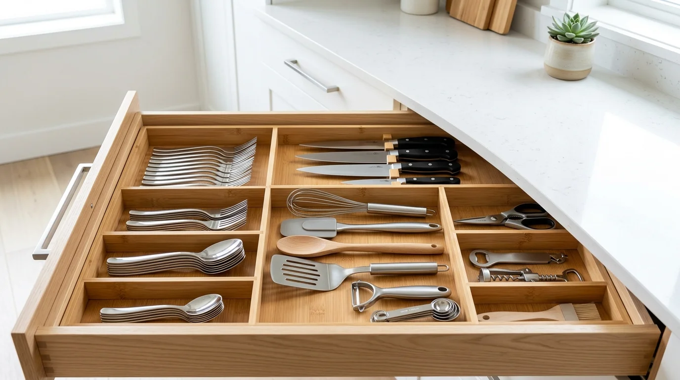 A drawer with custom dividers separating utensils and tools neatly arranged bright lighting clean organized workspace no people