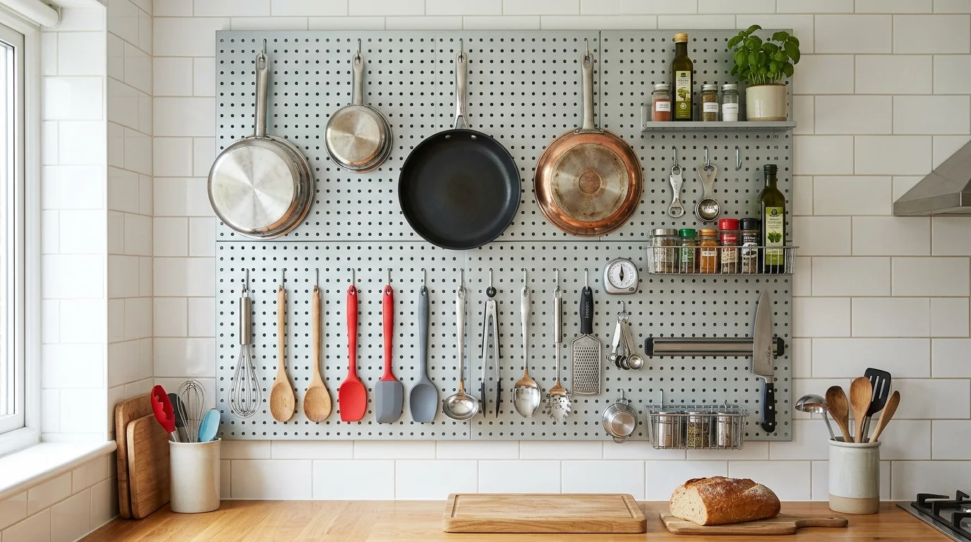 A wall mounted pegboard holding pots pans and kitchen tools in an organized layout bright lighting functional space saving design no people