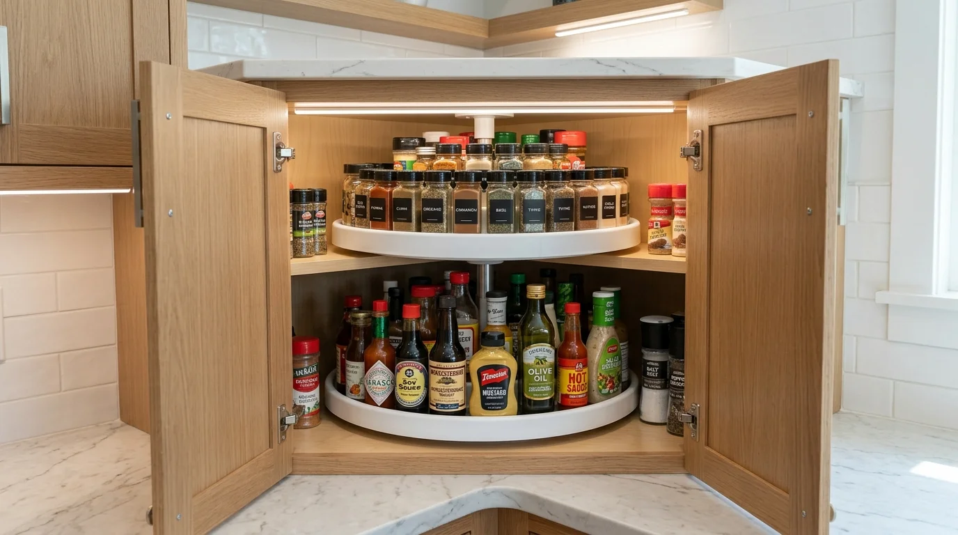 A kitchen cabinet with lazy Susan turntables storing spices and condiments for easy access bright lighting smart organization idea no people