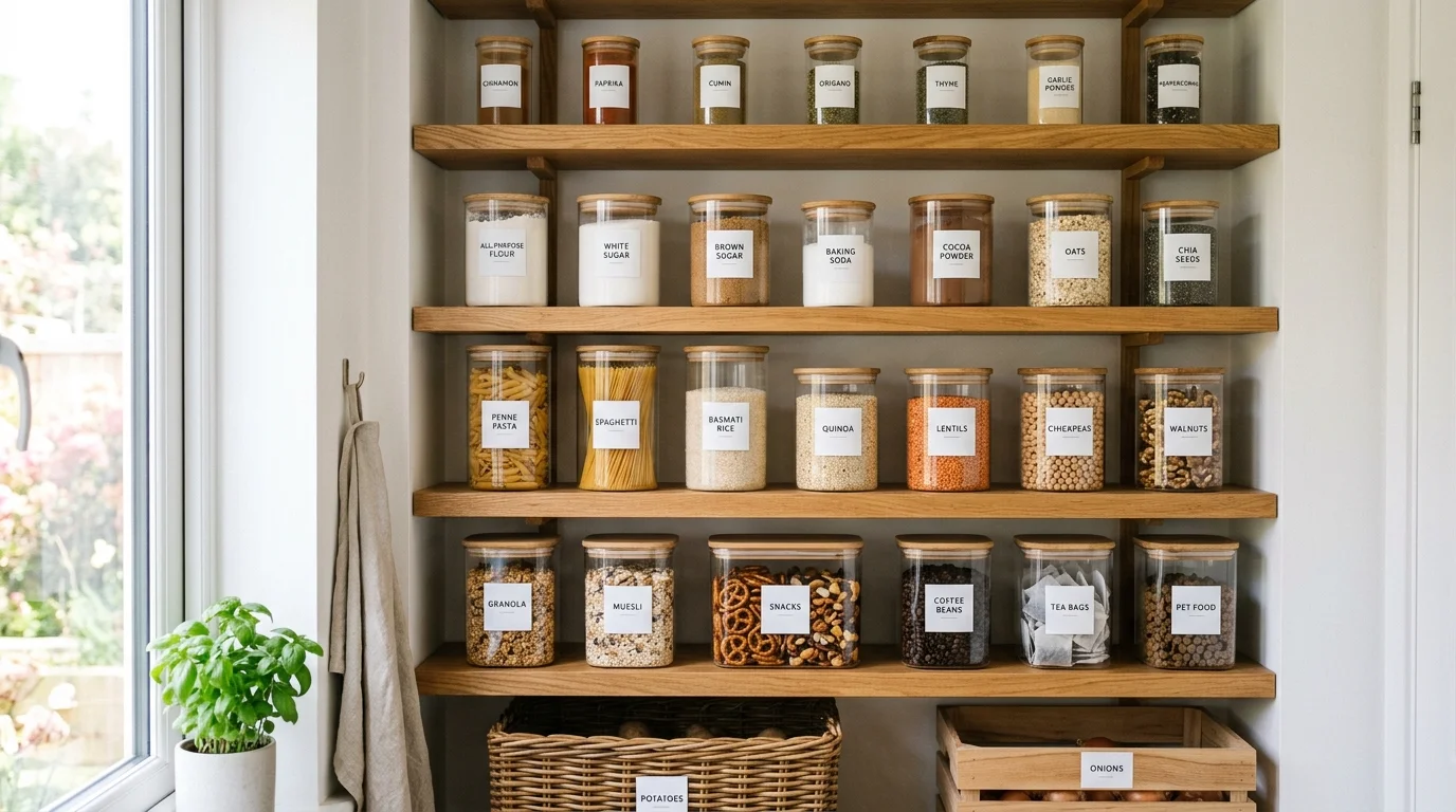 A set of clear labeled containers storing pantry items on open shelves bright natural light visually pleasing tidy setup no people