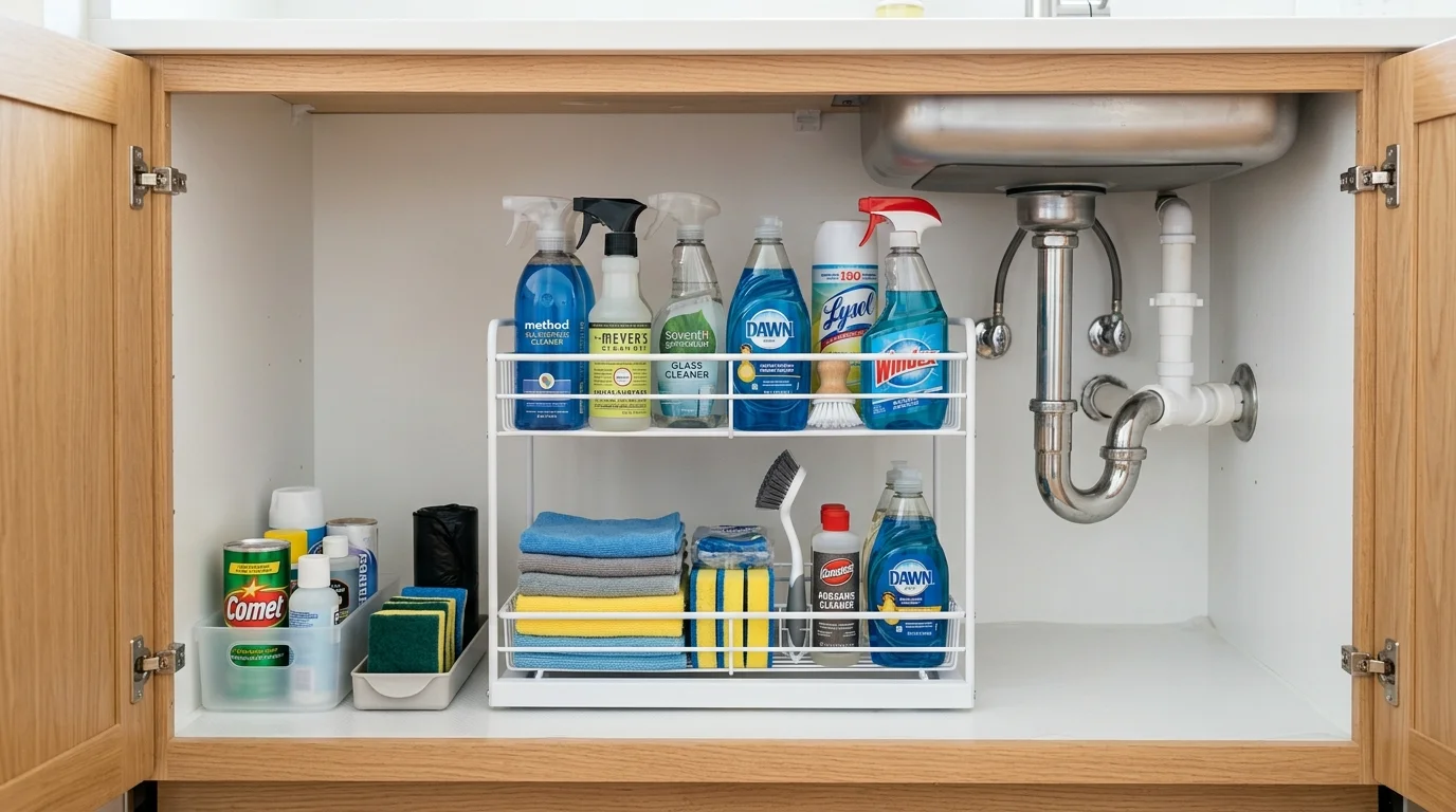 A countertop with minimal items and a small tray organizing essentials bright natural light clean uncluttered cooking space no people