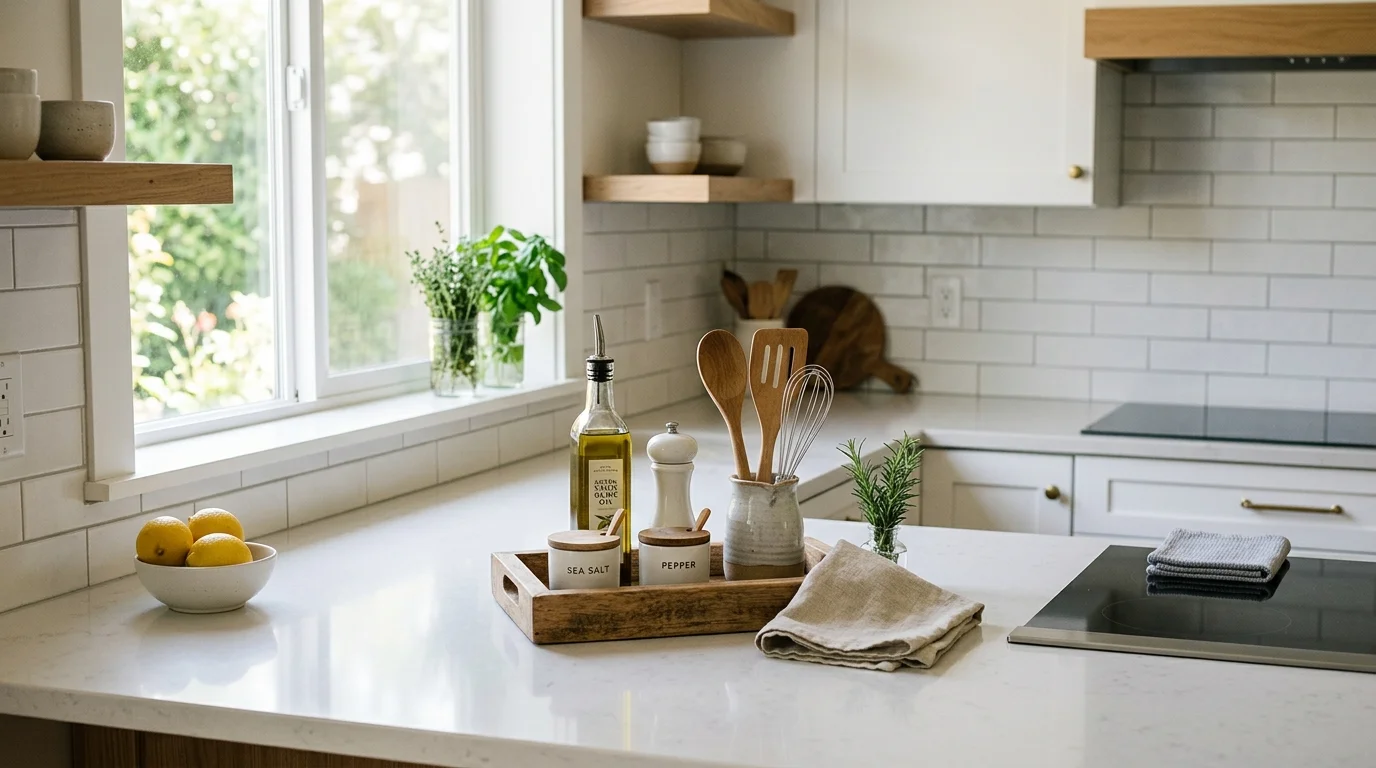 A kitchen drawer with spice jars arranged in rows with labels facing up bright lighting easy access organized design no people
