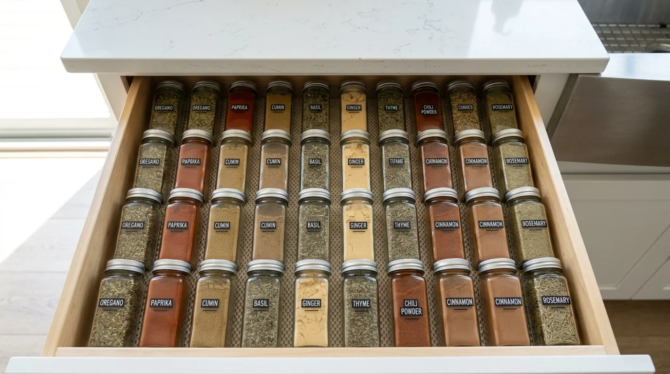 A cabinet door with mounted racks holding lids or small tools bright lighting efficient use of hidden space no people