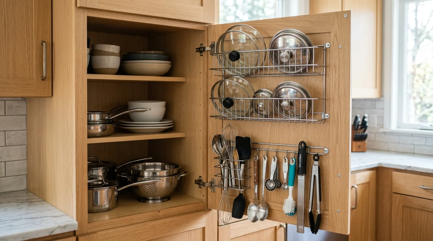 A kitchen island with built in storage compartments neatly organizing items bright lighting multifunctional design no people