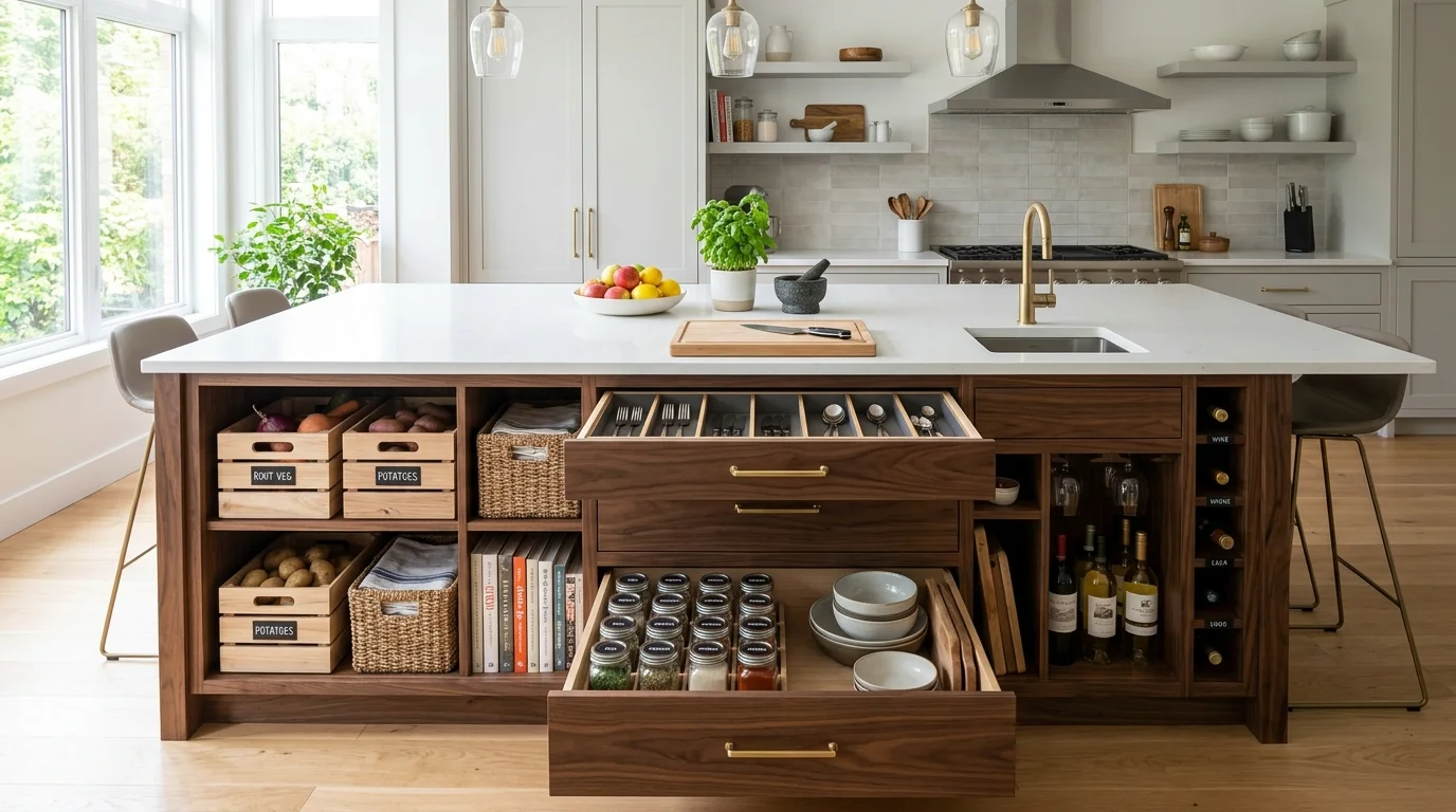 A refrigerator interior neatly organized with clear bins and labeled sections bright lighting clean structured layout no people