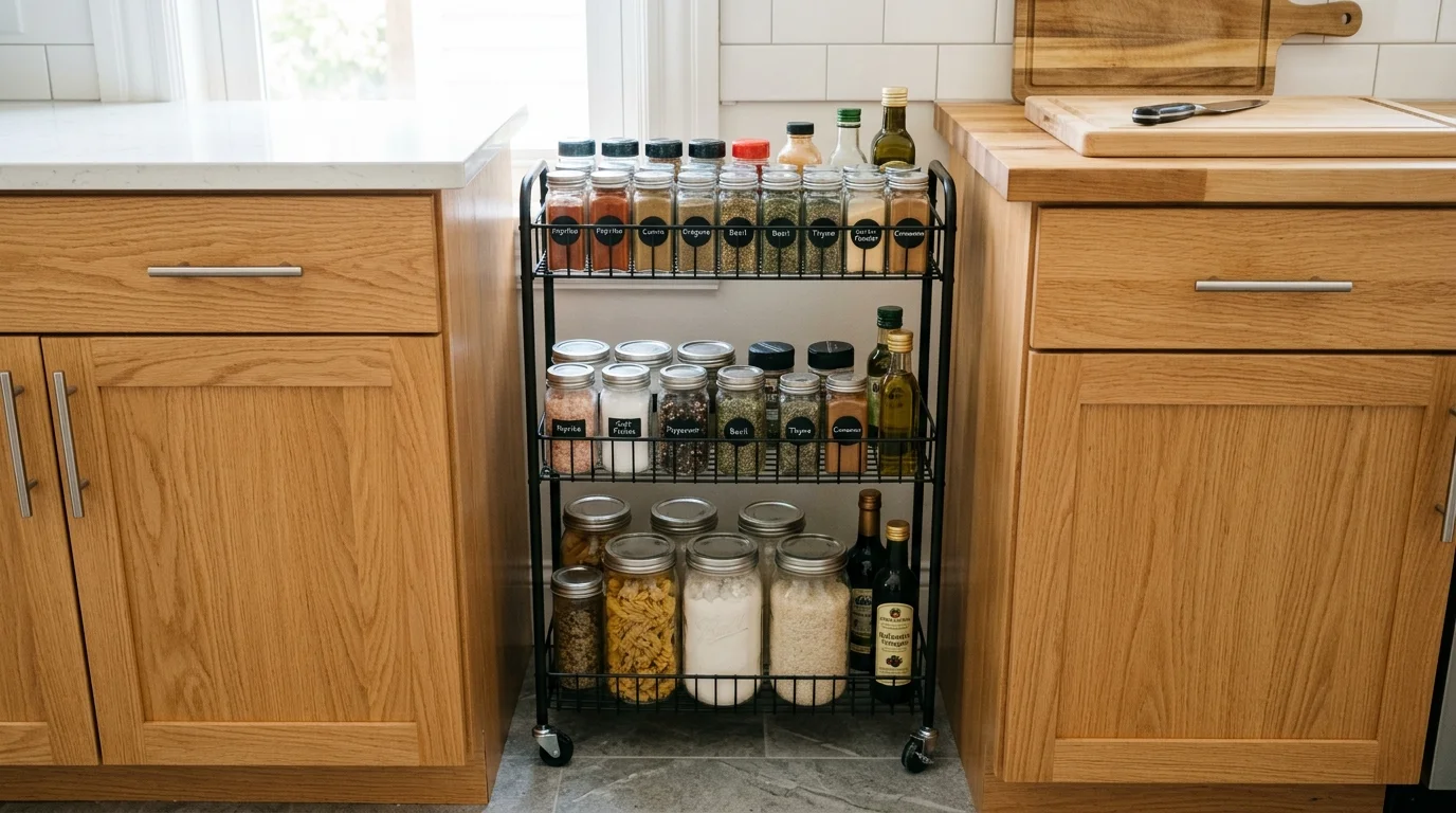 A kitchen with hanging hooks under cabinets for mugs or utensils bright lighting practical stylish storage no people