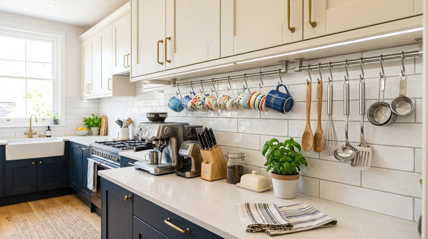 A well organized kitchen overview with all items stored neatly in designated spaces bright natural daylight harmonious clutter free environment no people