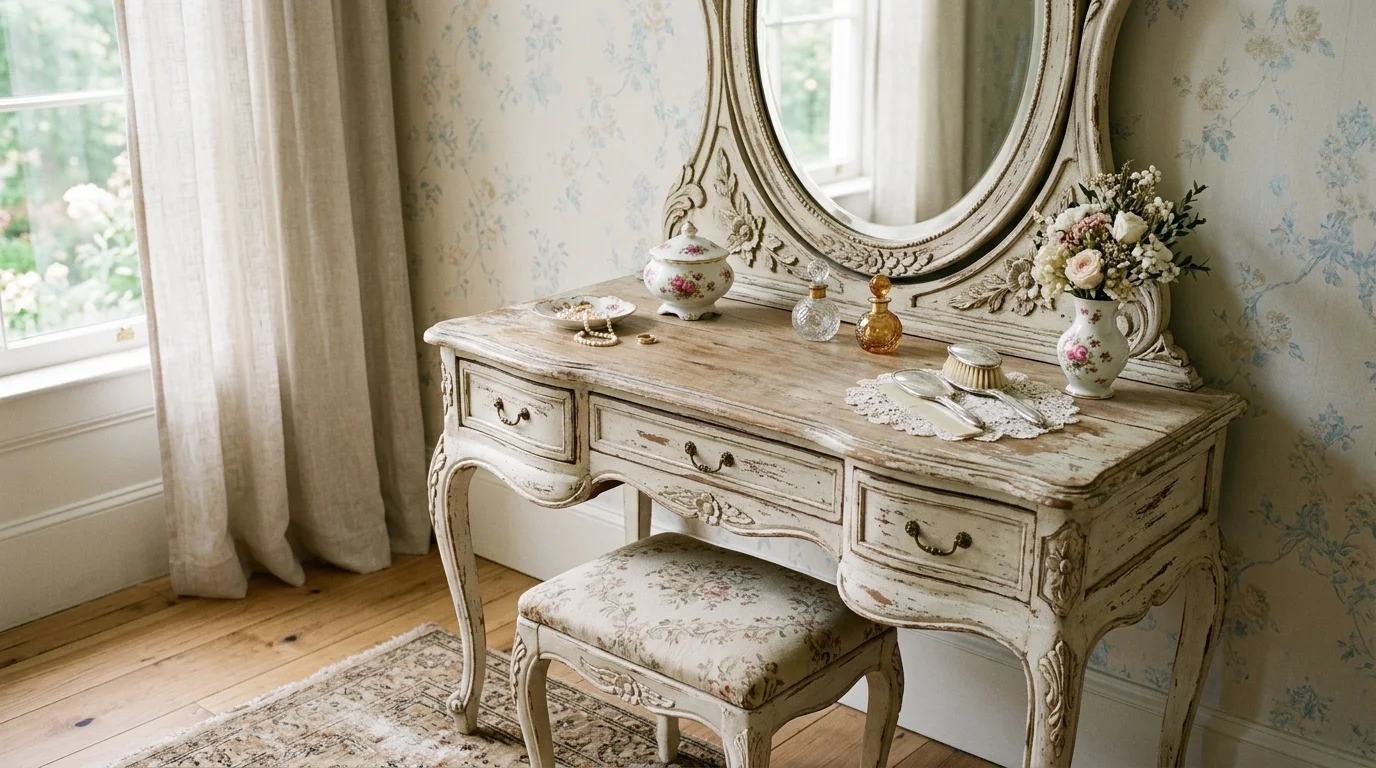 A classic French-style vanity with white distressed wood, curved legs, floral detailing, oval mirror, and delicate porcelain accessories, soft natural light, elegant vintage mood, no people