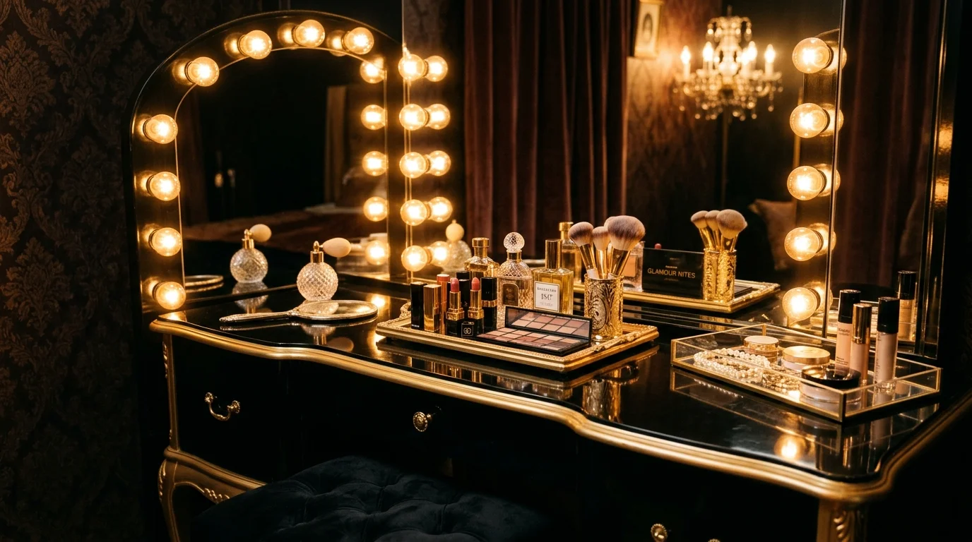 A Hollywood-inspired vintage vanity with bulb-lit mirror, glossy black tabletop, gold accents, and neatly arranged makeup trays, dramatic warm lighting, glamorous aesthetic, no people
