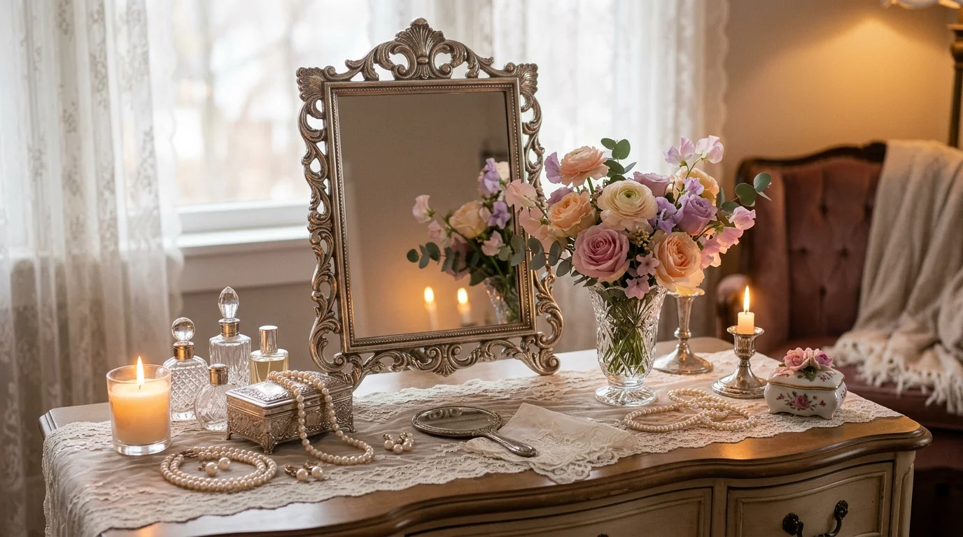 A romantic vanity setup with antique silver mirror, lace table runner, pastel floral arrangements, and pearl accessories, soft candlelight glow, dreamy feminine style, no people