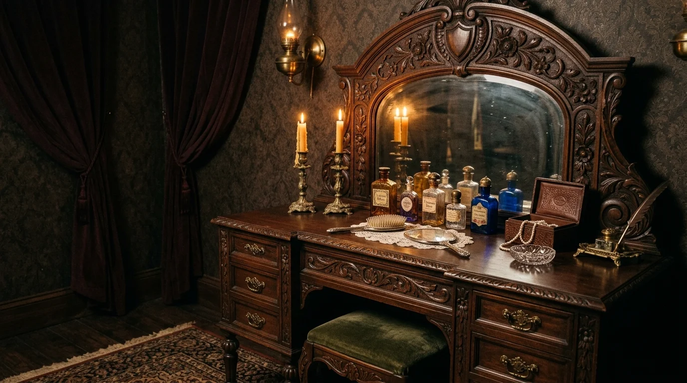 A Victorian vintage vanity with dark carved wood, intricate mirror frame, antique perfume bottles, and brass candle holders, moody warm lighting, elegant old-world charm, no people
