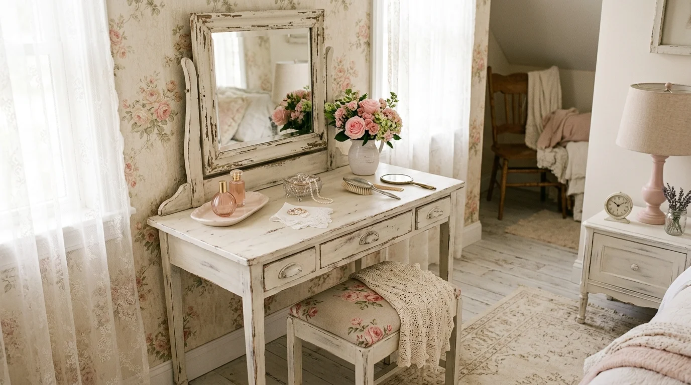 A shabby chic vanity with whitewashed furniture, rose-patterned wallpaper, distressed mirror frame, and soft blush accessories, airy romantic lighting, no people
