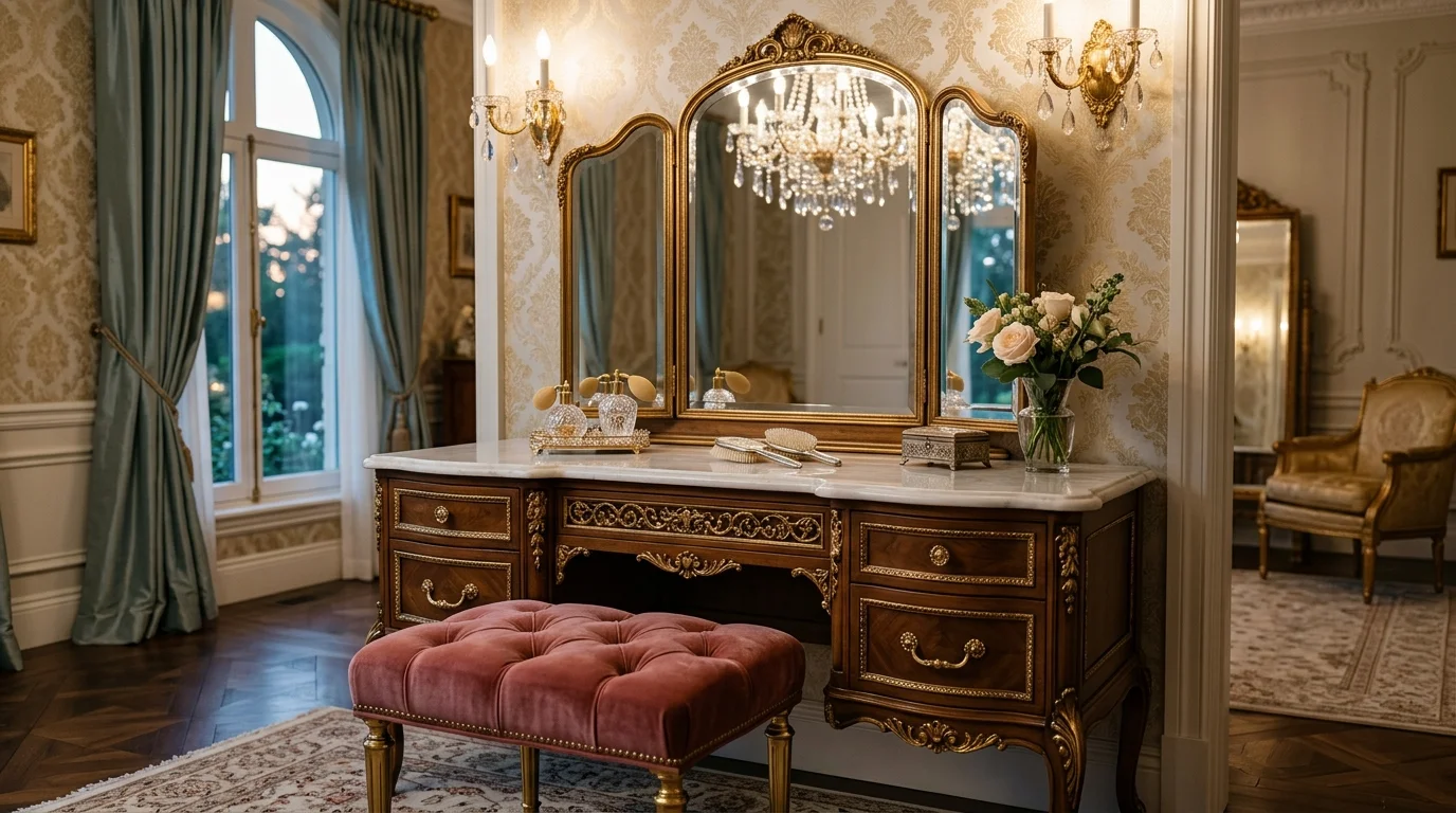 A luxury vintage vanity with marble top, gold hardware, tufted velvet stool, and crystal chandelier reflections, sophisticated soft lighting, upscale aesthetic, no people