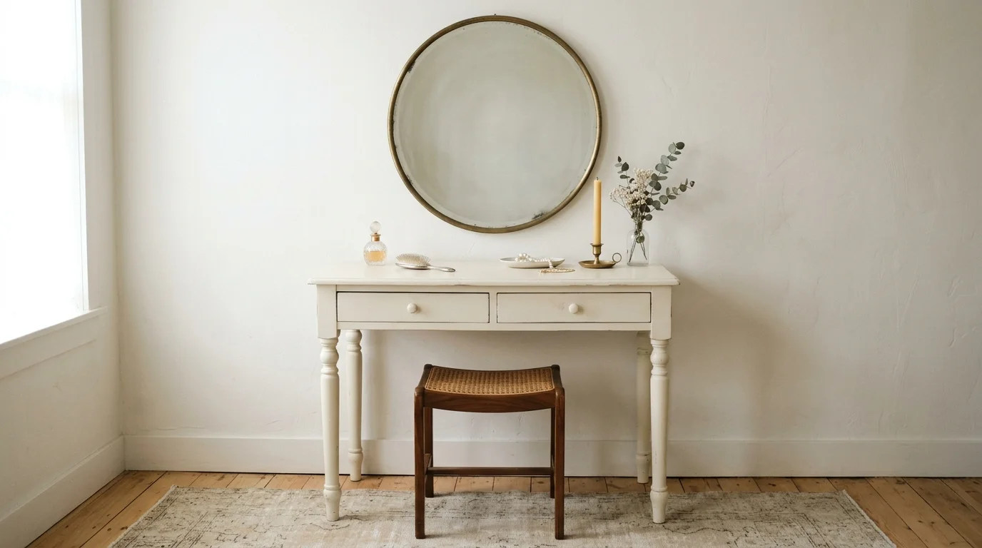 A minimalist vintage-inspired vanity with simple white desk, round antique mirror, neutral tones, and delicate floral accents, bright soft daylight, calm elegance, no people