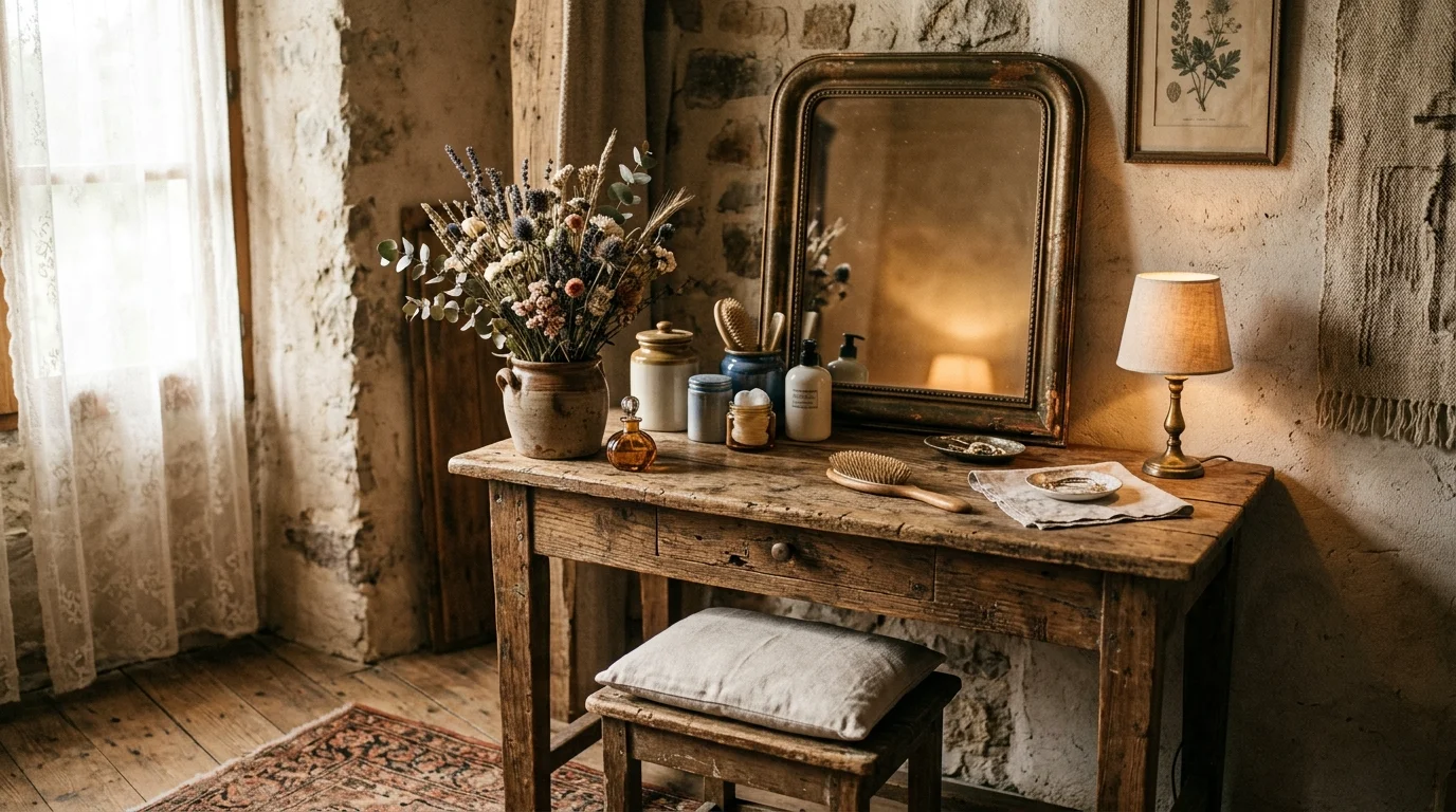 A rustic vintage vanity with reclaimed wood table, bronze mirror frame, ceramic jars, and dried flowers, warm cozy lighting, earthy romantic feel, no people