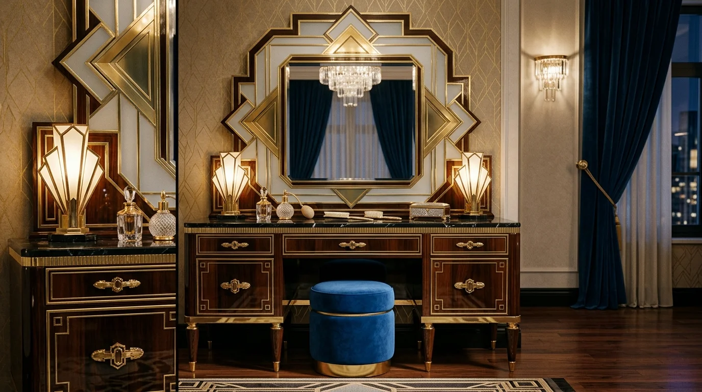 A glamorous Art Deco vanity with geometric mirror design, metallic gold details, glossy surfaces, and bold symmetry, dramatic lighting, stylish retro elegance, no people