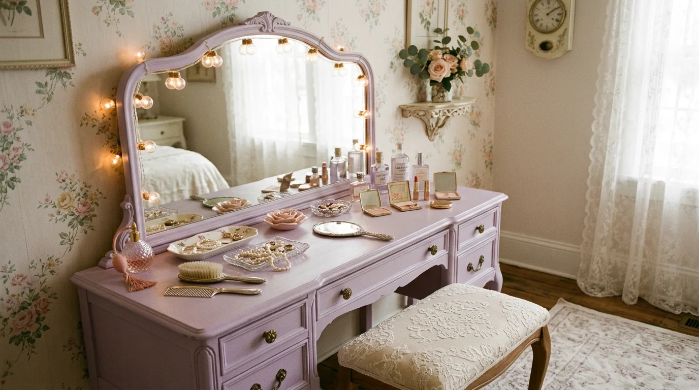 A feminine pastel vanity with soft lavender and blush tones, lace-covered stool, vintage trinket trays, and glowing vanity lights, dreamy romantic atmosphere, no people