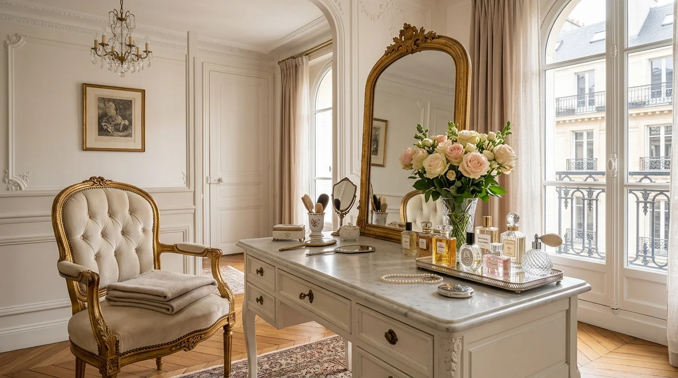 A Parisian-style vanity corner with tall arched mirror, elegant chair, fresh roses, and chic perfume display, soft window light, sophisticated charm, no people