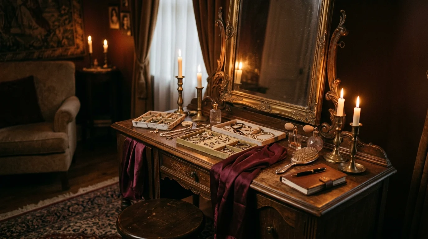 A candlelit vintage vanity with antique brass mirror, scattered jewelry trays, silk fabrics, and soft flickering glow, intimate romantic dressing space, no people