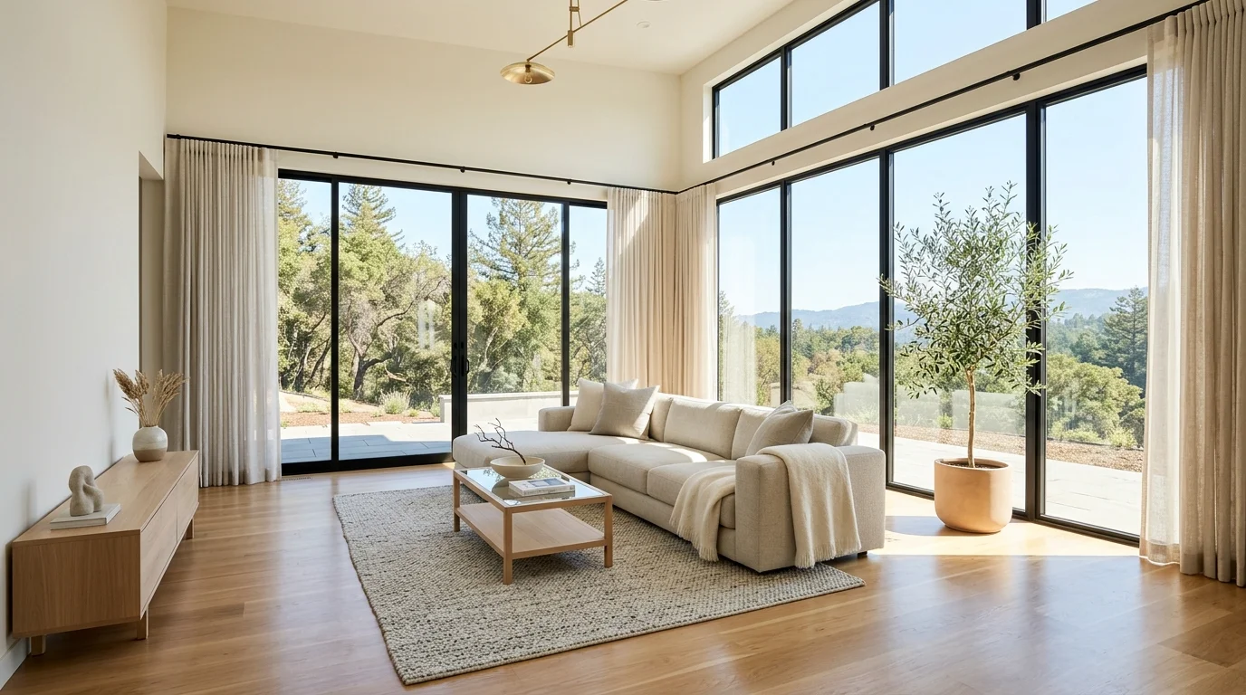 A modern living room with floor to ceiling windows light neutral tones and minimal furniture bright sunlight creating an expansive airy feel no people