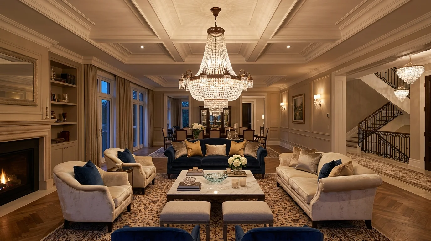 A luxurious space with a large chandelier above a seating area with plush sofas and armchairs soft ambient lighting elegant open layout no people