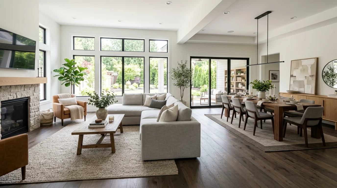 A living room with an open concept layout flowing into a dining area with cohesive decor bright natural light seamless spacious design no people